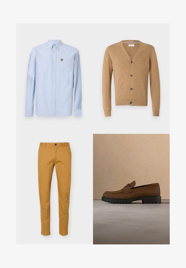 Cardigan beige en matériau doux, avec un col en V, une fermeture à bouton, des manches longues et des poignets et un ourlet côtelés.; Chemise à manches longues bleu clair avec col button-down, poche avant et logo brodé. Fabriquée en tissu de coton texturé.; Chino slim fit pour homme jaune moutarde avec passants pour ceinture, bouton à l’avant et fermeture éclair, présenté sur un fond uni.; Mocassin en cuir marron foncé avec semelle épaisse en caoutchouc noir présenté au-dessus d’un tapis beige et d’un canapé en arrière-plan.