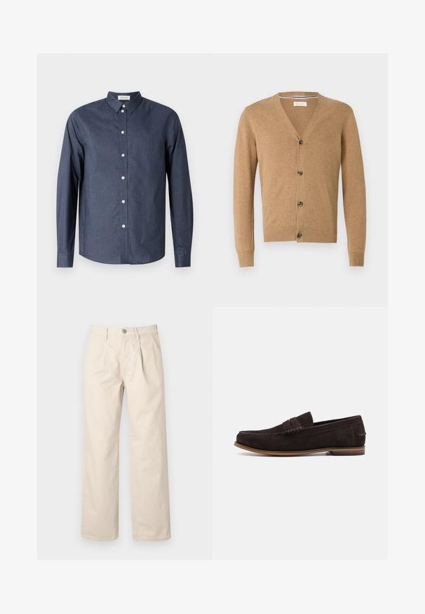 Cardigan beige en matériau doux, avec un col en V, une fermeture à bouton, des manches longues et des poignets et un ourlet côtelés.; Chemise boutonnée à manches longues bleu marine en tissu lisse ; elle présente un col classique, des boutons blancs et un ourlet incurvé.; Pantalons larges beiges à taille haute, avec des plis avant, une fermeture à bouton sur le devant et un tissu en coton lisse.; Mocassins en daim marron foncé avec un bout arrondi, une tige texturée et une semelle en caoutchouc marron clair. Présente une sangle décorative sur le devant.