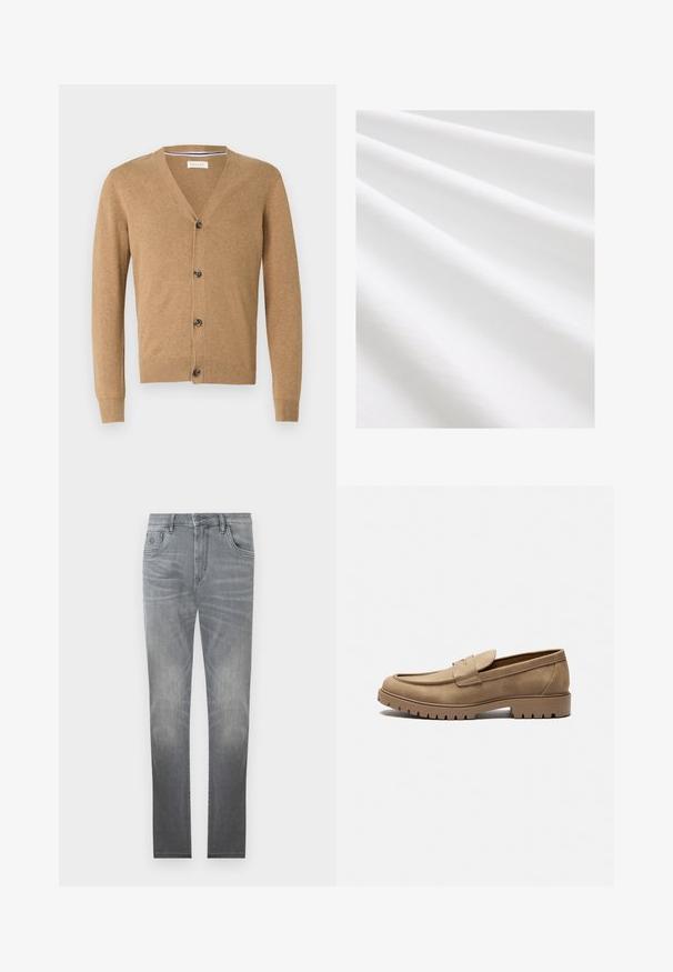 Brun cardigan lavet af et blødt materiale, med V-hals, knaplukning, lange ærmer og ribbede manchetter og kant.; Bomuldsstof, hvid farve, glat tekstur med subtile folder og krøller. Jævn overflade, let reflekterende, uden mønstre eller accenter.; Grå denim jeans med et falmet design, fem-lommer stil, knaplukning og lige ben. Glat tekstur med let slid ved kanterne.; Tan mockasiner i ruskind med rund tå, flad gummisål og dekorative syninger på overdelen. Har et slip-on design uden snørebånd.