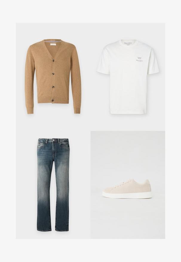 Brun cardigan lavet af et blødt materiale, med V-hals, knaplukning, lange ærmer og ribbede manchetter og kant.; Hvid T-shirt med korte ærmer og rund hals, med en lille sort sommerfugl og teksten "Marc O’Polo" på venstre bryst.; Herre lige pasform blå denim jeans med falmet vask og fem-lomme design mod en hvid baggrund.; Beige ruskindsneakers med hvide gummisåler, rund tå og seks snøringshuller. Glat tekstur med minimalisk design.
