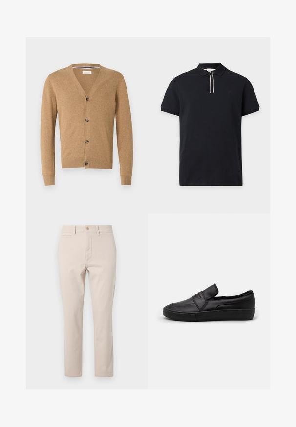 Cardigan beige en matériau doux, avec un col en V, une fermeture à bouton, des manches longues et des poignets et un ourlet côtelés.; Polo noir à manches courtes avec col et patte de boutonnage présentant deux bandes blanches verticales.; Pantalon en coton beige à coupe droite, avec fermeture à bouton sur le devant, passants de ceinture et une poche arrière. Texture lisse.; Bottines noires à enfiler en cuir lisse, arborant un design cousu à l'avant et une semelle en caoutchouc texturé pour une meilleure adhérence.
