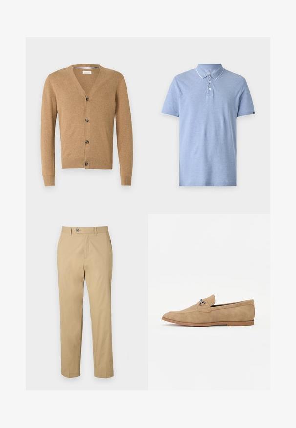 Cardigan beige en matériau doux, avec un col en V, une fermeture à bouton, des manches longues et des poignets et un ourlet côtelés.; Polo shirt bleu clair en tissu doux. Doté d'un col, de trois boutons et d'une bordure blanche sur le col et les manches. Design à coupe classique.; Pantalons en mélange de coton beige avec une coupe droite, poches avant et fermeture à bouton. Texture lisse et ourlets retroussés.; Pier One by Zalando Mocassins - beige