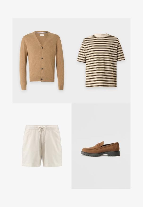 Tan vest gemaakt van een zachte stof, met een V-hals, knoopsluiting, lange mouwen en geribbelde manchetten en zoom.; Beige T-shirt met korte mouwen met horizontale bruine en witte strepen, ronde hals en een losse pasvorm op een effen achtergrond.; Beige geribde stoffen short met een elastische tailleband en een gestrikt trekkoord aan de voorzijde in het midden.; Bruine suede instappers met een ronde neus en een lage zwarte rubberen zool, met een decoratieve band en stiksel details op het bovenwerk.