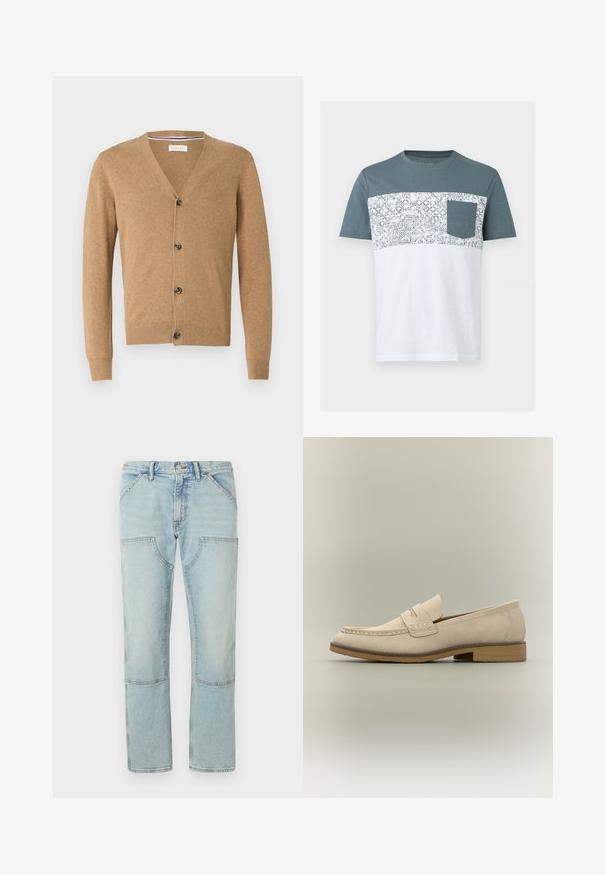 Beige Cardigan aus weichem Material, mit V-Ausschnitt, Knopfschluss, langen Ärmeln und gerippten Bündchen und Saum.; Kurzärmeliges Herren-T-Shirt mit türkisfarbenem Oberteil, weißem Unterteil, gemustertem Blumen-Mittelstreifen und türkisfarbiger Brusttasche.; Helle blaue Denim-Jeans mit geradem Bein, ausgestattet mit aufgesetzten Taschen und einem ausgewaschenen Finish. Knopfverschluss an der Taille, standardmäßige Gürtelschlaufen.; Hellbeiger Lederloafer mit niedrigem Absatz, Mokassin-Naht und einem Riemendetail über dem Spann, seitlich dargestellt.