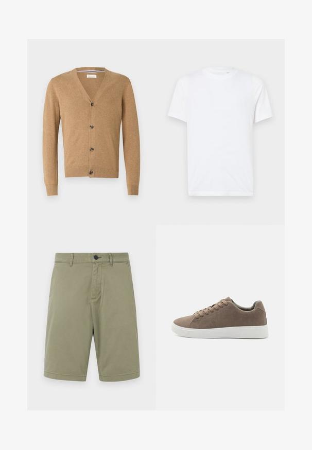 Καφέ κάρντιγκαν φτιαγμένο από μαλακό υλικό, με V λαιμόκοψη, κουμπί μπροστά, μακριά μανίκια και ριμπ τελειώματα στους καρπούς και το στρίφωμα.; Λευκό βαμβακερό μπλουζάκι με στρογγυλή λαιμόκοψη και κοντά μανίκια. Διαθέτει ένα μικρό, ανάγλυφο λογότυπο στο αριστερό στήθος. Λείο υλικό.; Χακί σορτσάκια από βαμβάκι, με βρόχους για ζώνη, μπροστινό κουμπί και επίπεδη σχεδίαση στην πρόσοψη με καθαρό φινίρισμα και χωρίς τσέπες.; Καφέ σουέτ αθλητικά παπούτσια με επίπεδες λευκές καουτσούκ σόλες, σχέδιο με κορδόνια, στρογγυλή μύτη και λεία υφή. Μινιμαλιστικό στυλ με διακριτές ραφές.