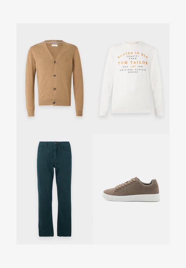 Brun cardigan lavet af et blødt materiale, med V-hals, knaplukning, lange ærmer og ribbede manchetter og kant.; Hvid langærmet skjorte med orange og sort tekst, der læser "Rooted in QLY Coastal Crew Tom Tailor Reg 1962 TRM Original Custom Goods" på forsiden.; Mørk teal lige jeans med frontknap og lynlås, for- og baglommer, vist fladt på hvid baggrund.; Brune ruskinds sneakers med flade hvide gummisåler, snørelukning, rund tå og en glat overflade. Minimalistisk stil med diskrete syninger.