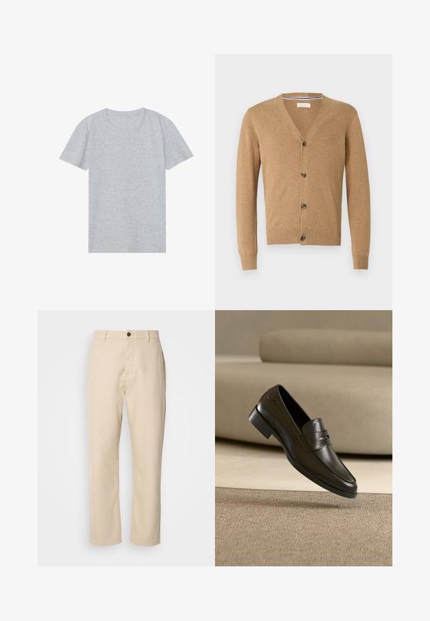 Cardigan beige en matériau doux, avec un col en V, une fermeture à bouton, des manches longues et des poignets et un ourlet côtelés.; T-shirt gris à manches courtes en mélange de coton doux, avec un col rond classique et une texture lisse et légère.; Pantalons en coton beige avec jambes droites, fermeture à bouton à l'avant, poches latérales et texture lisse. Design minimaliste, sans motifs visibles.; Mocassin en cuir noir flottant au-dessus d'un tapis beige avec un canapé beige en arrière-plan, mettant en valeur le design classique pour hommes sans lacets.
