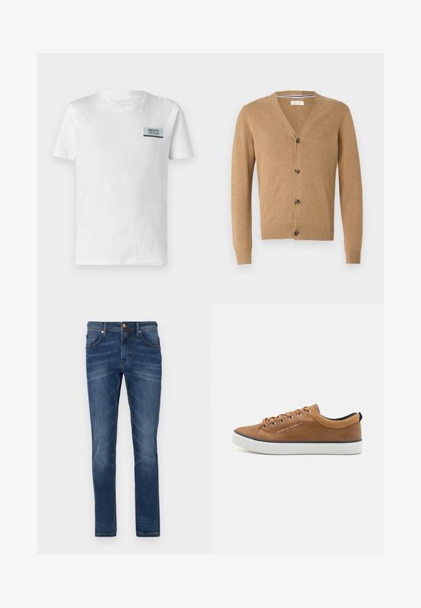 Cárdigan marrón claro hecho de un material suave, con escote en V, cierre de botones, mangas largas y puños y dobladillo acanalados.; Camiseta de algodón blanca con un pequeño parche de logo azul y negro en el pecho. El diseño es simple, con cuello redondo y mangas cortas.; Jeans de mezclilla azul oscuro con corte recto, cinco bolsillos, un ligero desgaste, costuras en contraste y cierre de botón en la cintura.; Zapatillas de cuero marrón con puntera redonda, suela blanca y detalles en azul marino. Presentan ojales de metal y un cuello texturizado.