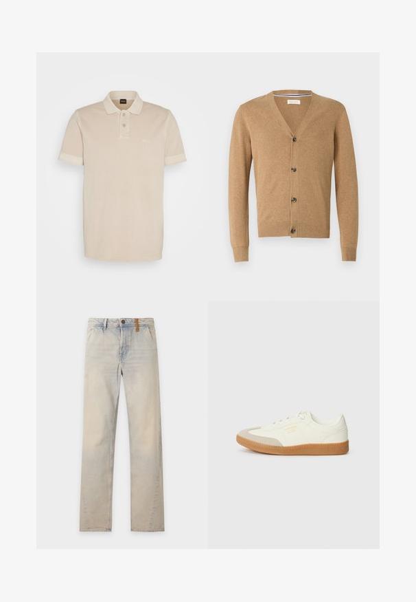 Pehmeast materjalist valmistatud beež kardigan, millel on V-kaelus, nupulukk, pikad varrukad ning soonikkoes mansetid ja äär.; Beige polo särk, mis on valmistatud pehmest puuvillast. Sellel on klassikaline kaelus, kaks nuppu ja rinna peal väike tikitud logo.; Hele sinised tuhmunud sirged teksapüksid eest taskute, nööpidega kinnituse, vööaasade ja kerge kulumisega detailiga ühel jalal.; Valgedest nahast tennisekets, millel on beež peaalus ja heledast pruunist kummist talla. Omab lapikuid valgeid paelu ning embosseeritud brändimist küljel.