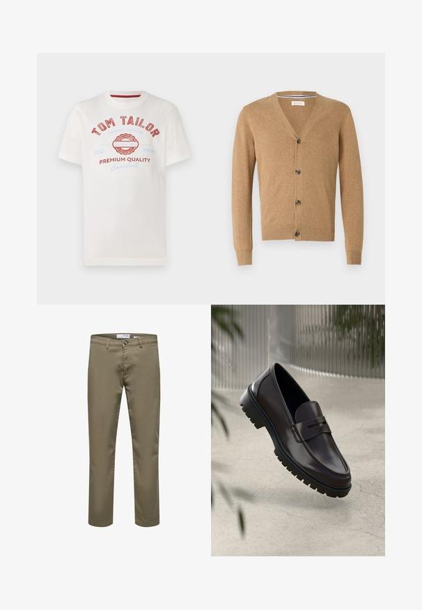 Beige Cardigan aus weichem Material, mit V-Ausschnitt, Knopfschluss, langen Ärmeln und gerippten Bündchen und Saum.; Weißes Baumwoll-T-Shirt mit rot-blauer Druckgrafik, das "TOM TAILOR" zeigt, ein rundes Logo und den Text "PREMIUM QUALITY" in verschiedenen Schriftarten.; Herren beige gerade geschnittene Hose mit Gürtelschlaufen, Knopfverschluss und Vordertaschen, vor weißem Hintergrund dargestellt.; Braune Leder-Loafers mit einer strukturierten, geriffelten Gummisohle. Sie zeichnen sich durch ein schlankes Design und einen dekorativen Riemen über dem Spann aus.