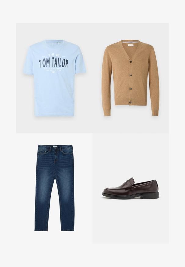 Brun cardigan lavet af et blødt materiale, med V-hals, knaplukning, lange ærmer og ribbede manchetter og kant.; Lyseblå bomulds t-shirt med rund halsudskæring og korte ærmer. Den har kraftig sort trykt tekst: "TOM TAILOR" samt yderligere brandingdetaljer.; Mørkeblå slim-fit jeans med falmede detaljer, klassisk fem-lomme design, knappelukning og bæltestropper.; Brune læder loafers med en glat overflade, rund tå, diskrete syninger og en lav gummihæl. Sidevisning vist.