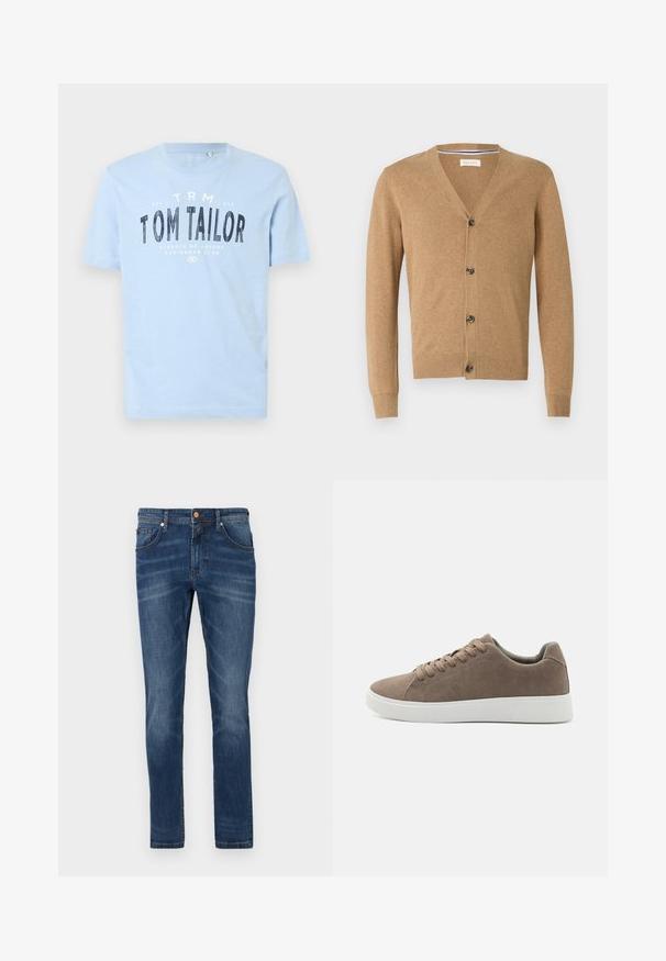 Brun cardigan lavet af et blødt materiale, med V-hals, knaplukning, lange ærmer og ribbede manchetter og kant.; Lyseblå bomulds t-shirt med rund halsudskæring og korte ærmer. Den har kraftig sort trykt tekst: "TOM TAILOR" samt yderligere brandingdetaljer.; Mørkeblå denim jeans med lige ben, fem lommer, subtile blegetoner, kontrastsyet og knaplukning i taljen.; Brune ruskinds sneakers med flade hvide gummisåler, snørelukning, rund tå og en glat overflade. Minimalistisk stil med diskrete syninger.