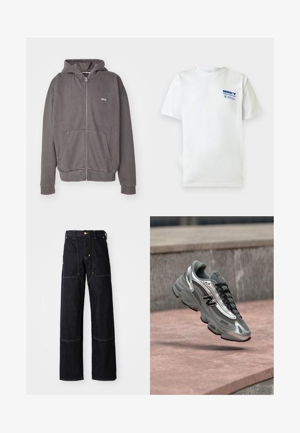Charcoal šedá mikina s kapucňou na zips vyrobená z bavlny. Obsahuje kapucňu, predné vrecká a vyšívané logo na hrudi. Elastické manžety a dolný lem.; Biele tričko s krátkym rukávom, s okrúhlym výstrihom a modrým nápisom "OBEY Sound Design Dept" a malou grafikou na ľavej strane hrude.; Tmavomodré denmové nohavice so strihom rovnej nohy, zdobené žltým prešívaním a prednými vreckami. Textília vyzerá pevne a štruktúrovane.; Šedá a strieborná teniska New Balance označená „1000“ vznášajúca sa nad ružovkastým kamenným povrchom s pozadím zo šedej kamennej steny.