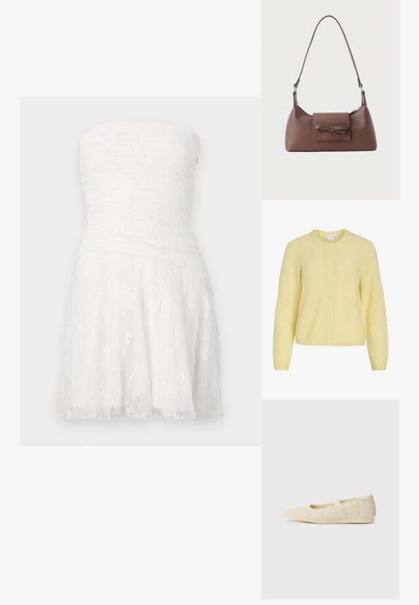Cardigan tricoté jaune clair à manches longues, col rond et une rangée de petits boutons sur le devant.; Robe blanche sans bretelles avec un buste froncé, des détails en dentelle et une jupe évasée. Confectionnée dans un tissu léger avec une finition texturée.; Ballerines beiges avec une exterior en cuir lisse, un bout en forme d'amande et une sangle élastique sur le coup de pied, avec des détails de couture subtils.; Sac à bandoulière en cuir marron avec une poche à rabat avant ornée d'un détail en forme de nœud cousu et une sangle réglable.