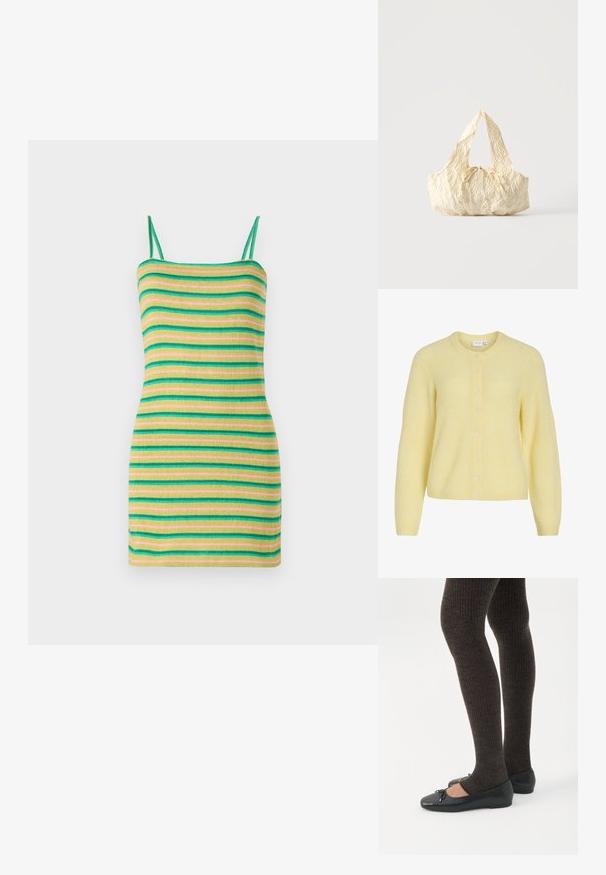Cardigan tricoté jaune clair à manches longues, col rond et une rangée de petits boutons sur le devant.; Robe rayée à fines bretelles, ornée de rayures horizontales vertes, jaunes et roses. Fabriquée dans un tissu doux à côtes avec une silhouette ajustée.; Jambes portant des leggings côtelés foncés associés à des ballerines noires avec de petits détails en nœud sur fond blanc.; Sac à main en tissu texturé couleur crème avec des anses sur le dessus et un petit nœud noué au centre devant.