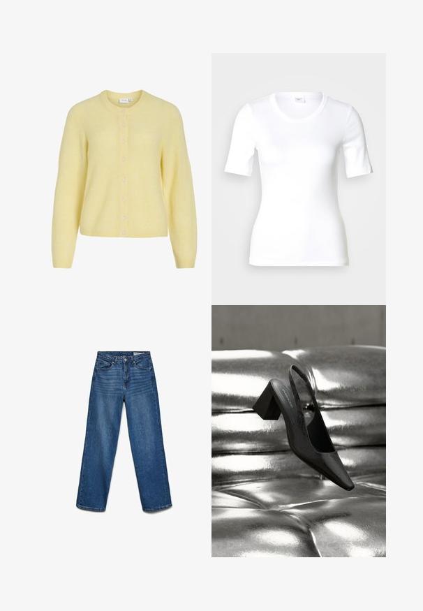 Cárdigan de punto amarillo claro con mangas largas, cuello redondo y una fila de pequeños botones en la parte delantera.; Camiseta blanca de manga corta hecha de algodón liso, con escote redondo y forma ajustada. Diseño clásico, sin estampados ni adornos.; Vaqueros azules de pierna recta con botón y cremallera delanteros, cinco bolsillos y detalles sutiles de desgaste en los muslos.; Tacón destalonado negro con punta en forma de pico, con superficie texturizada y tacón ancho y grueso. Colocado sobre un fondo metálico brillante.