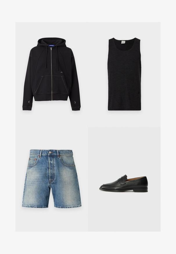 Sweat à capuche noir zippé avec poches avant, capuche à cordon, surpiqûres blanches et petit logo blanc près de la poche et des manches.; Débardeur noir sans manches en matériau texturé. Doté d'un col rond et d'un accent logo discret près de l'ourlet. Design simple.; Shorts en denim avec une teinte bleu clair, un design classique à cinq poches, des surpiqûres contrastantes et une coupe droite avec un ourlet effiloché.; Mocassin en cuir noir avec un bout arrondi, des coutures subtiles et un talon bas, présentant une texture lisse et un design minimaliste.