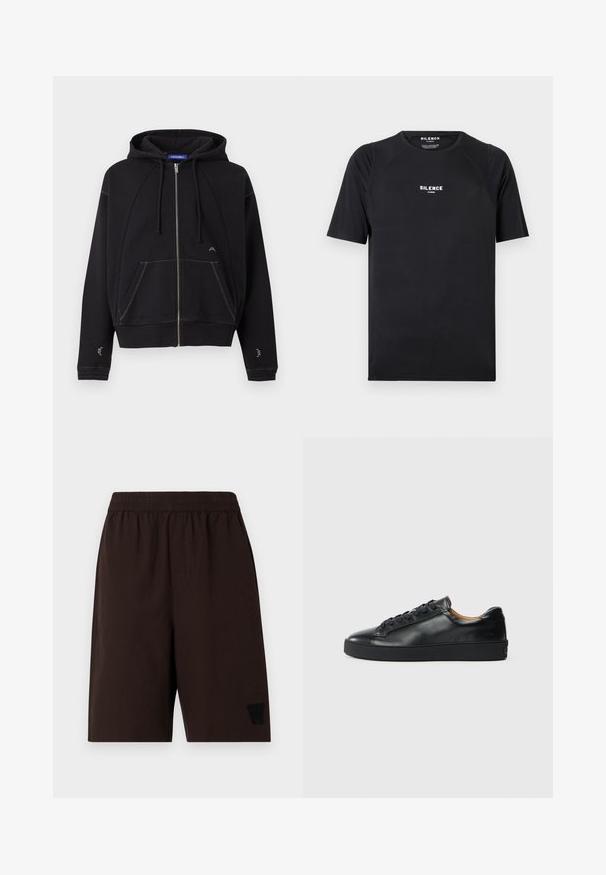 Sweat à capuche noir zippé avec poches avant, capuche à cordon, surpiqûres blanches et petit logo blanc près de la poche et des manches.; T-shirt noir à manches courtes en tissu lisse, doté d'un col rond et d'un logo blanc "SILENCE" sur la poitrine.; Shorts marron à taille élastique avec poches latérales, en tissu texturé, et un logo brodé noir sur la jambe gauche.; Baskets en cuir noir avec une texture lisse, bout rond et fermeture à lacets. Comprend une semelle en caoutchouc épaisse et un minimum de détails de marque.
