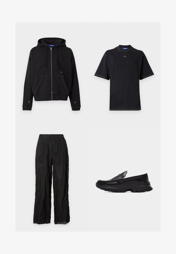 Sweat à capuche noir zippé avec poches avant, capuche à cordon, surpiqûres blanches et petit logo blanc près de la poche et des manches.; T-shirt noir à manches courtes avec un col rond, présentant des coutures contrastées et un petit logo sur la poitrine. Tissu lisse et extensible.; Pantalons larges en lin noir avec une finition texturée. Dotés d'une taille élastique et de plis discrets.; Mocassin noir brillant avec semelle épaisse texturée et détails cousus, profil latéral sur fond gris clair uni.