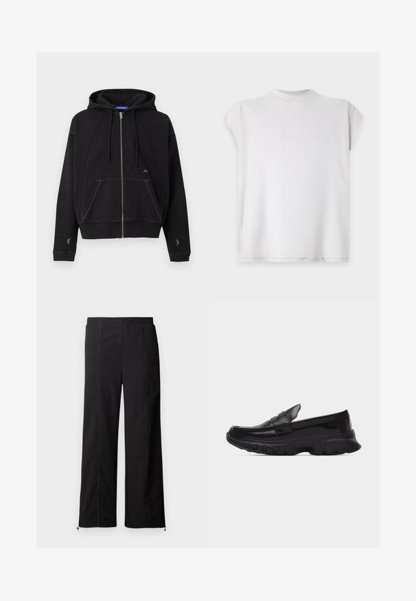Sweat à capuche noir zippé avec poches avant, capuche à cordon, surpiqûres blanches et petit logo blanc près de la poche et des manches.; T-shirt blanc uni à manches courtes avec un col rond, présenté à plat sur un fond clair.; Pantalons larges noirs avec une texture lisse, taille élastique et fermetures à cordon aux chevilles. Présente des détails de couture contrastants.; Mocassin noir brillant avec semelle épaisse texturée et détails cousus, profil latéral sur fond gris clair uni.