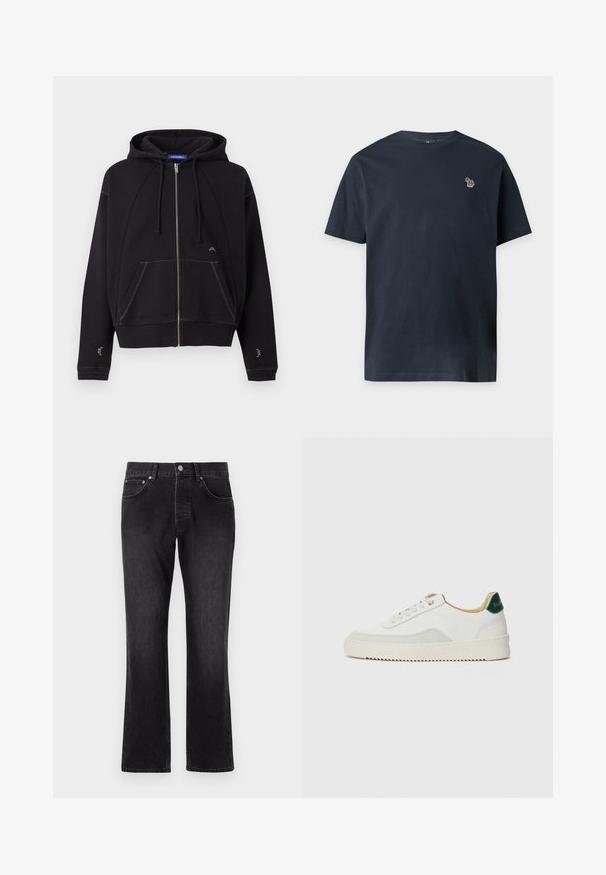 Zwarte hoodie met rits, voorzakken, capuchon met trekkoord, witte stiksels en klein wit logo bij zak en mouwen.; Marineblauw T-shirt met korte mouwen en ronde hals en een klein meerkleurig zebra-embleem op de linkerborst.; Zwarte denim jeans met een rechte pasvorm, voorzien van een middelhoge taille, voorzakken en een klassieke knoopsluiting.; Witte sneaker met suède accenten, ronde neus, platte veters en een crème rubberen zool. Bevat groene branding op de hiel.