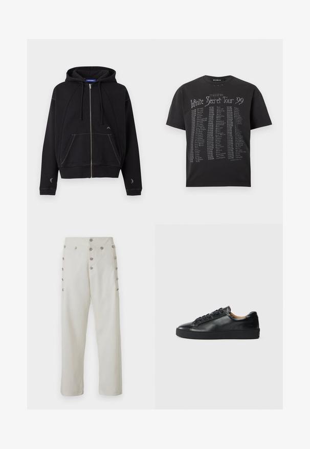 Sort lynlåshoodie med forlommer, snører i kappen, hvide syninger og lille hvidt logo nær lommen og ærmerne.; Sort T-shirt med rund hals med teksten "Infinite Secret Tour '99" og en lang liste over internationale bynavne og datoer trykt i hvidt på forsiden.; Cremefarvede bukser med lige snit, der har dekorative detaljer i sølvfarvet knap på begge sider og en glat stofstruktur.; Sorte lædersneakers med en glat overflade, rund tå og snørebåndslukning. Har en tyk gummisål og minimal branddetalje.