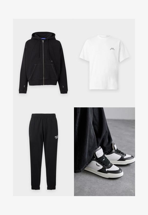 Sort lynlåshoodie med forlommer, snører i kappen, hvide syninger og lille hvidt logo nær lommen og ærmerne.; Hvid kortærmet bomulds-T-shirt med lille sort "A C W" logo og parentesdesign på venstre bryst.; Sorte joggingbukser lavet af blødt stof, med elastisk talje, sidelommer og skrå afslutninger. Hvidt logotekst på den ene side.; Sorte og hvide højtop sneakers med en struktureret sort snøredetalje, lavet af læder og syntetisk materiale, med et logo på siden.