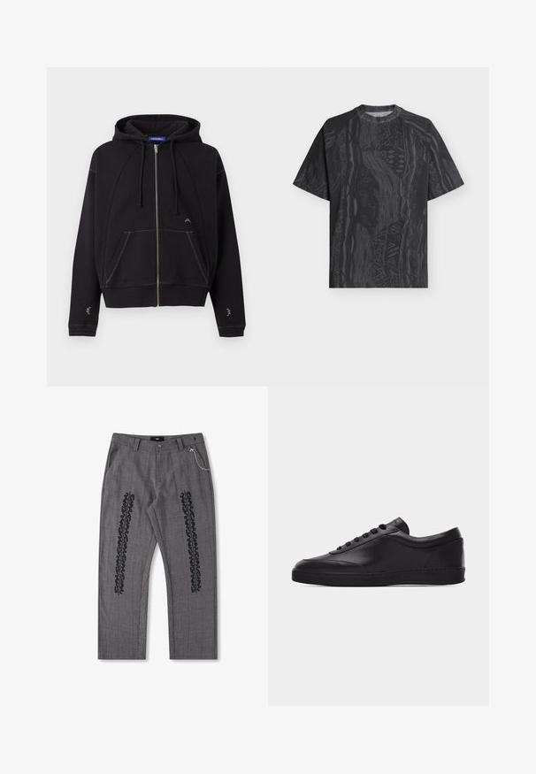 Sweat à capuche noir zippé avec poches avant, capuche à cordon, surpiqûres blanches et petit logo blanc près de la poche et des manches.; T-shirt noir à manches courtes avec col rond, motif abstrait gris foncé subtil et tissu texturé, présenté à plat sur un fond clair.; Pantalons à carreaux gris avec des détails en texte noir sur les côtés, présentant un accent de chaîne sur la taille. Conception à jambe droite, tissu texturé.; Baskets basses en cuir noir avec lacets sur le devant et semelle en caoutchouc plate, vues de côté sur un fond blanc uni.
