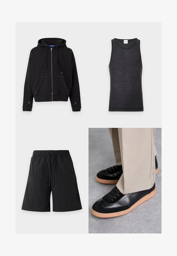 Zwarte hoodie met rits, voorzakken, capuchon met trekkoord, witte stiksels en klein wit logo bij zak en mouwen.; Zwarte mouwloze tanktop gemaakt van lichtgewicht materiaal, met een ronde halslijn en een subtiele textuur, en een contrasterende zoomdetail.; Zwarte shorts van lichtgewicht stof met een gestructureerd oppervlak, voorzien van een elastische tailleband en trektouwtjes voor een verstelbare pasvorm.; Paul Smith COMO - Sneakers laag - black