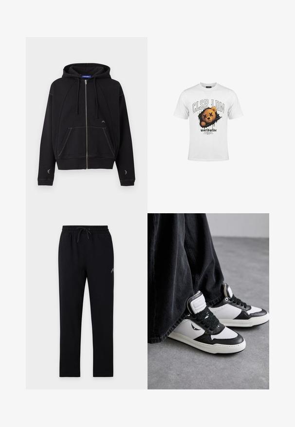 Sudadera con capucha negra con cremallera, bolsillos frontales, capucha con cordón, costuras blancas y pequeño logo blanco cerca del bolsillo y las mangas.; Camiseta blanca con gráfico de la cara de un oso de peluche con los ojos tachados y texto que dice "CLSR LDN" y "worldwide" debajo.; Pantalones jogger negros con cintura elástica y cordón, piernas rectas y un pequeño logo blanco en la parte superior del muslo izquierdo.; Zapatillas altas en blanco y negro con un detalle de cordón negro texturizado, material de cuero y sintético, con un logo en el lado.