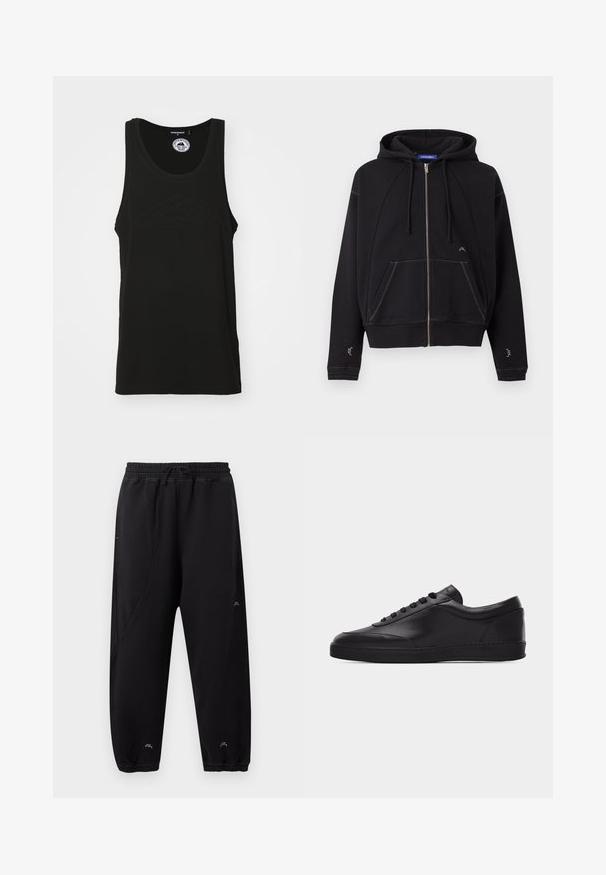 Sort lynlåshoodie med forlommer, snører i kappen, hvide syninger og lille hvidt logo nær lommen og ærmerne.; Sort ærmeløs tank top lavet af bomuld med en rund halsudskæring og prægede logo detaljer foran. Rent, minimalisk design.; Sorte joggingbukser med elastisk linning og manchetter, slim fit, subtile syningsdetaljer og lille hvidt logo nær anklerne og låret.; Sort lavtstående lædersneaker med snørebånd foran og flad gummisål, vist fra siden på en ensartet hvid baggrund.