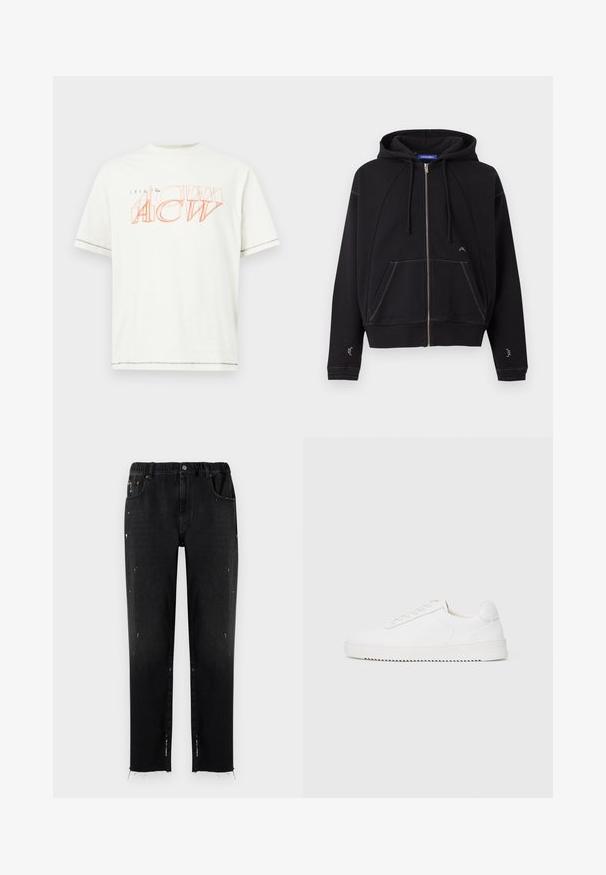 Sweat à capuche noir zippé avec poches avant, capuche à cordon, surpiqûres blanches et petit logo blanc près de la poche et des manches.; T-shirt à manches courtes blanc en coton. Présente un texte en orange superposé et contouré. Ourlet droit avec un détail de couture subtil.; Jeans noirs en denim avec une taille élastique, coupe droite, détails usés et ourlet effiloché. Comprend des poches et une fermeture à bouton.; Sneaker blanc avec une tige en cuir lisse, bout rond, lacets, accents latéraux texturés et une épaisse semelle en caoutchouc. Design minimaliste.