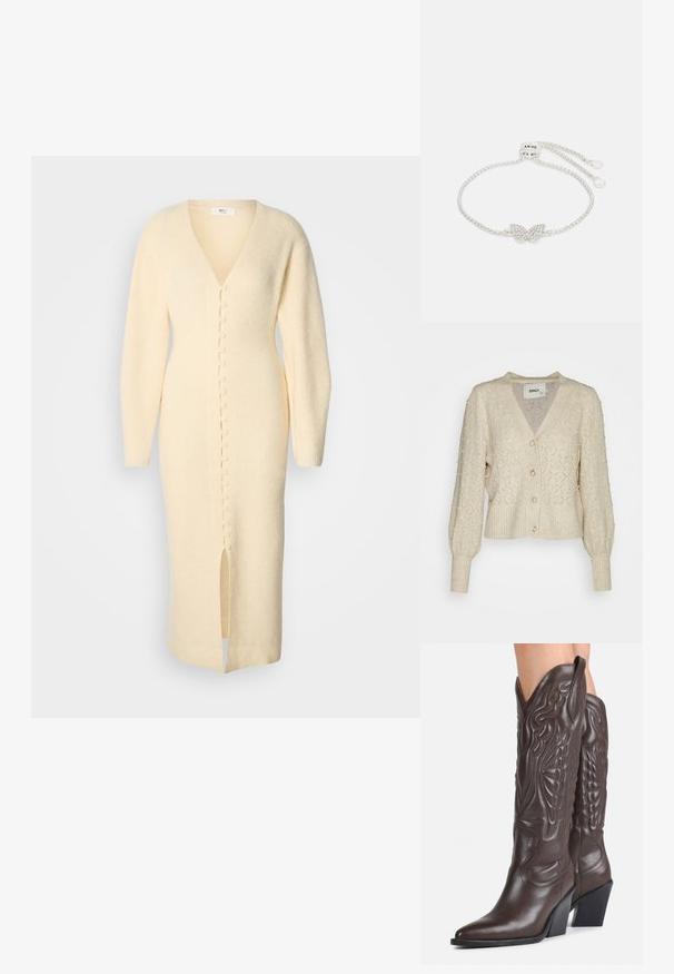 Beige strikket cardigan med diamantmønster, perlepynt, V-udskæring og ribstrikket kant med knaplukning. Lange puffede ærmer.; Lang, cremefarvet strikket kjole med V-hals, knaplukning foran og et frontslids, med lange ærmer og tekstureret stof.; Mørkebrune læder cowboystøvler til knæene med spidse tæer, dekorativ syning og skrå blokhæle, båret af en person.; Sølvarmbånd med et sommerfugledesign pyntet med rhinsten, justerbar kæde med en glidende lukning og en glat, blank overflade.
