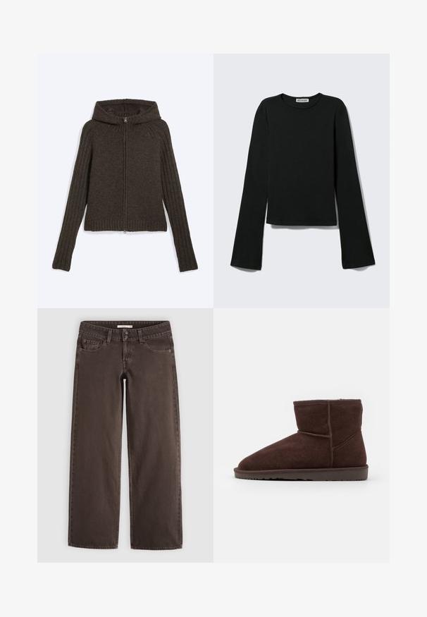 Sweat à capuche zippé en maille marron foncé avec manches longues côtelées et silhouette ajustée, posé à plat sur un fond blanc.; T-shirt noir à manches longues avec col rond, silhouette ajustée et manches légèrement évasées, étiqueté avec la marque "Weekday" au niveau de l'encolure.; Jean droit marron avec poches avant, petite poche pour pièces, passants de ceinture et fermeture à double bouton à la taille.; Bottines en daim marron avec un bout arrondi et un intérieur doux, dotées d'une semelle en caoutchouc plate et d'accents de couture ton sur ton.