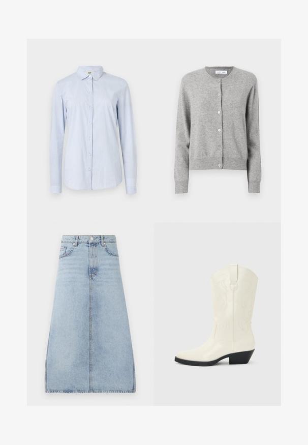 Grå cardigan lavet af blødt strikket materiale, med rund halsudskæring, lange ærmer og knaplukning hele vejen ned foran. Simpelt design.; Blå og hvid stribet langærmet skjorte lavet af letvægtsbomuld. Den har en krave, knaplukning foran og en tætsiddende silhuet med manchetter på ærmerne.; Lyseblå denim midi-nederdel med for-trykknap og lynlås, sidelommer og bæltestropper, præsenteret på en hvid baggrund.; Hvid western-støvle til midt på læggen med spids tå, sort stablet hæl, dekorative sømme og trækflap på skaftet.