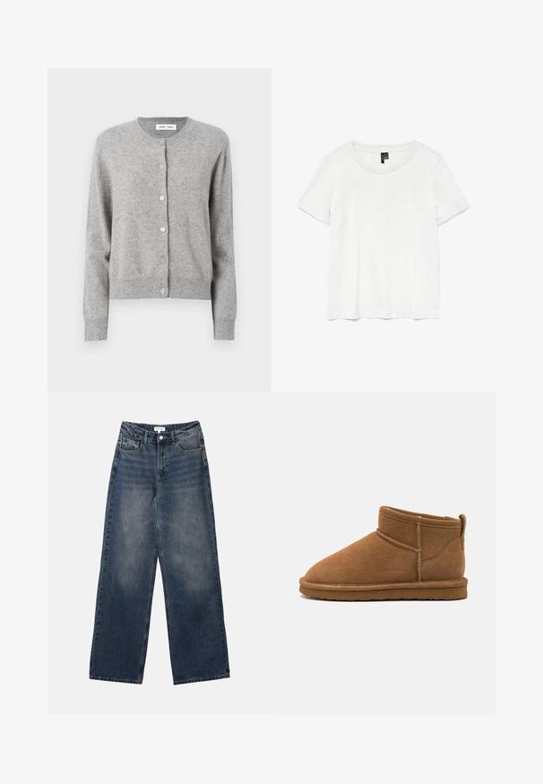 Cardigan gris en matériau tricoté doux, avec un col rond, des manches longues et une fermeture à boutons à l'avant. Design simple.; T-shirt blanc à manches courtes avec un col rond, fabriqué en tissu léger. Design simple, texture lisse et ourlet droit.; Jeans en denim bleu taille haute pour hommes, avec jambes larges, bouton et fermeture éclair à l'avant, ainsi que poches avant et arrière.; Bottines en daim marron avec un bout rond, tige courte et tirette au dos. Présente des coutures contrastées et une semelle en caoutchouc plate.