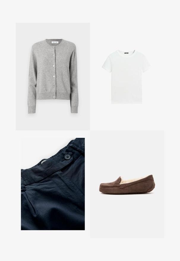 Grå cardigan lavet af blødt strikket materiale, med rund halsudskæring, lange ærmer og knaplukning hele vejen ned foran. Simpelt design.; Almindelig hvid T-shirt med korte ærmer, rund halsudskæring og lille sort label inden i kraven.; Marineblå bukser lavet af letvægtsstof med flad talje, knaplukning og subtil tekstur. Har lommer og sømdetaljer.; Brun ruskind moccassin-hjemmesko med cremefarvet plysfôring og UGG-logo præget på siden, vist i sideprofil.