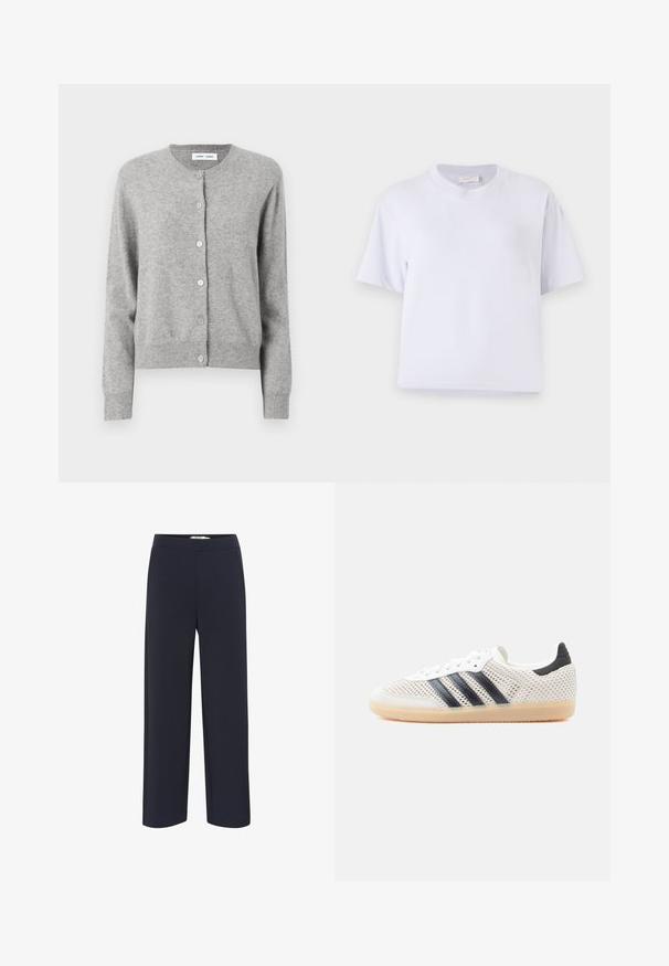 Graue Strickjacke aus weichem Material, mit rundem Ausschnitt, langen Ärmeln und Knopfverschluss vorne. Schlichtes Design.; Weißes Baumwoll-T-Shirt mit lockerem Schnitt, kurzen Ärmeln, Rundhalsausschnitt und ohne sichtbare Muster oder Verzierungen. Glatte Textur.; Marineblaue, weit geschnittene Hose aus weichem Stoff mit elastischem Bund und ohne sichtbare Taschen oder Verzierungen.; Weiße Mesh-Sneaker mit schwarzem Drei-Streifen-Design, abgerundeter Spitze und Gummisohle. Verfügen über einen weichen Fersenkragen und Schnürverschluss.