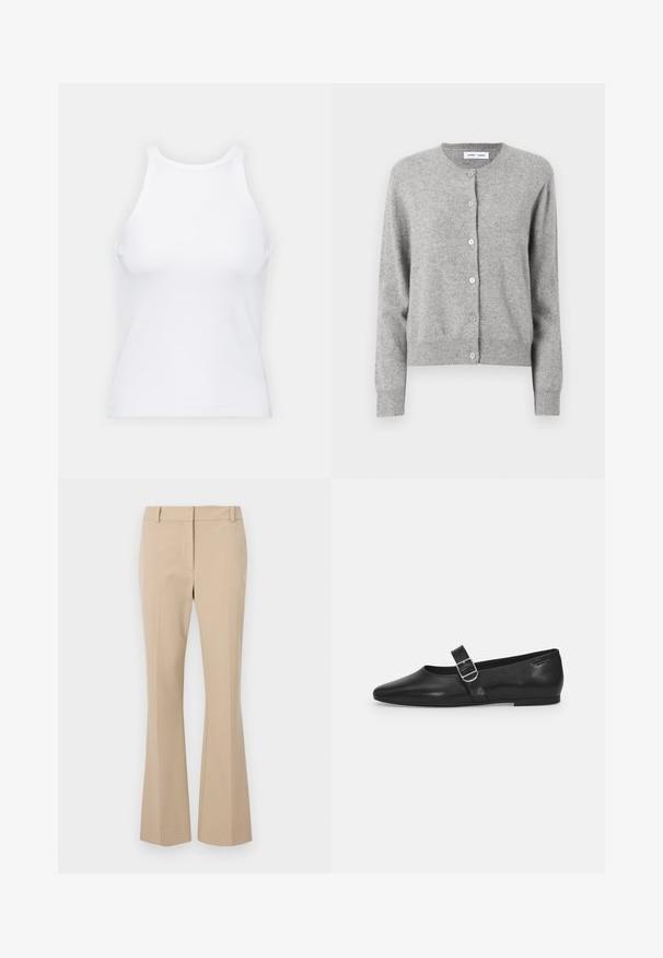 Grå cardigan lavet af blødt strikket materiale, med rund halsudskæring, lange ærmer og knaplukning hele vejen ned foran. Simpelt design.; Hvid ærmeløs tanktop lavet af ribbet stof, med en rund halsudskæring og en tætsiddende silhuet, med minimale sømme og ingen pynt.; Beige skræddersyede bukser med lige pasform, der har en glat front, bæltestropper og en jævn tekstur. Ingen synlige lommer eller mønstre.; Sorte læder flade sko med rund tå, et enkelt justerbart spænde og en glat, blank overflade. Minimalistisk design med en lav hæl.