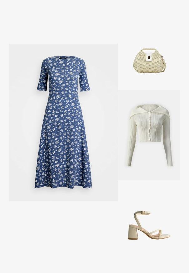 Cárdigan blanco con costuras, cuello clásico, mangas largas y seis botones en el frente. Textura suave y diseño ajustado y corto.; Vestido floral azul con mangas cortas, escote redondo y cintura acampanada. Hecho de una tela suave con un patrón floral blanco en todo el vestido.; Sandalia beige de punta abierta con correa en el tobillo, tacón de bloque y dos tiras delgadas sobre el pie, mostrada de perfil sobre fondo blanco.; Bolso de mano de paja tejida con forma curva, cierre de cuero blanco, asa pequeña y correa de hombro desmontable con cierre dorado.