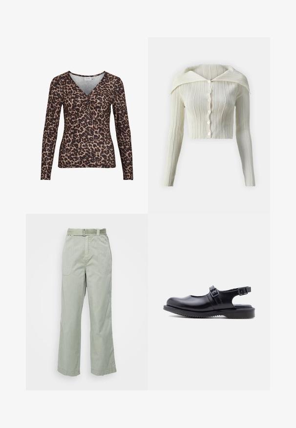 Hvid-ribbet cardigan med en klassisk krave, lange ærmer og seks knapper foran. Blød tekstur og tætsiddende, kort design.; Langærmet top med leopardmotiver og V-udskæring, der har en samling i midten og er lavet af et blødt, strækbart stof.; Lyse grønne, vide bukser lavet af bomuld med bælte i taljen, forlommer og syede detaljer langs sømmene og kanten.; Sort læder Mary Jane-stil sko med to justerbare spænde-remme og en tyk, rillet gummisål.