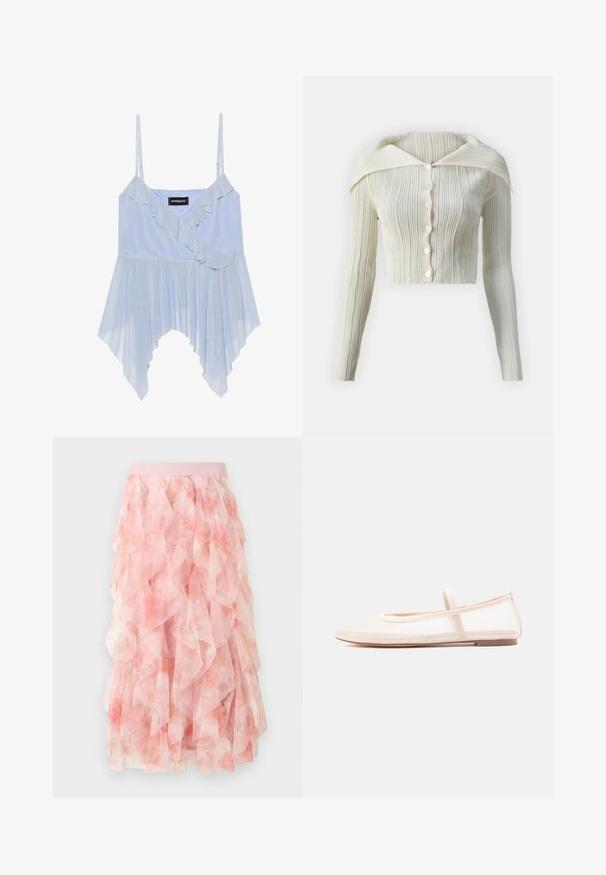 Cardigan blanc à côtes avec un col classique, des manches longues et six boutons sur le devant. Texture douce et design ajusté court.; Even&Odd Débardeur - sky blue; Jupe midi en tulle rose à couches avec motif floral et taille élastique, présentant des textures douces et volantées.; Ballerines avec une tige en mesh beige transparent et une bride en satin, dotées d'un bout arrondi et d'une semelle basse marron. Design léger et flexible.