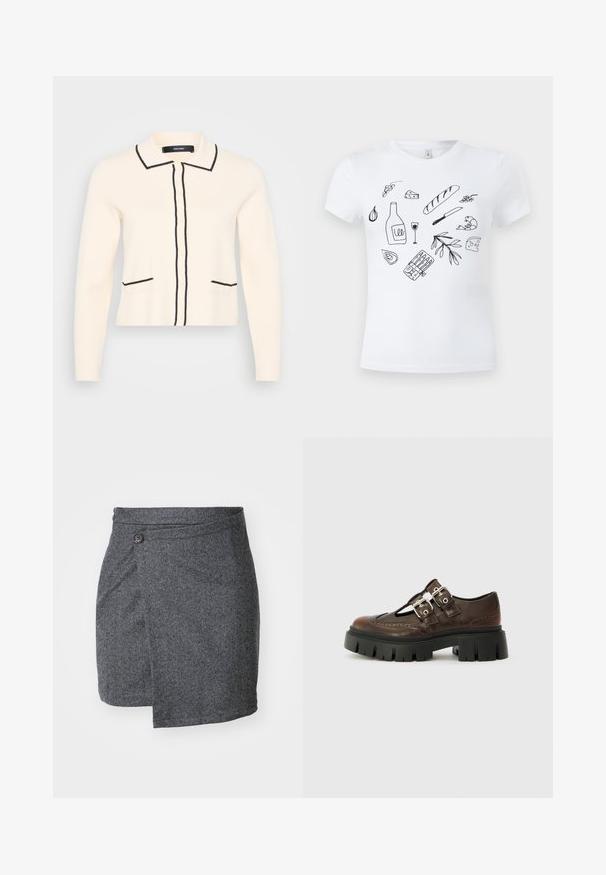 Cremefarvet cardigan med sort kant, der har krave, frontknapper og to nederste lommer med sort detaljering. Blød strikket tekstur.; Hvid T-shirt med sorte stregtegninger af madvarer, herunder brød, ost, vinflaske og glas, rejer, hvidløg, oliven og en kniv.; Grå hørskærende omslagsskal lavet af struktureret uldstof, med en enkelt knaplukning i taljen og en asymmetrisk kant.; Brune lædersko med udskæringsdesign, dobbelte sølvspænder, sort chunky sål og broguedetaljer langs kanterne.