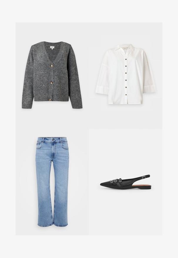 Donkergrijze gebreide V-hals cardigan met lange mouwen en drie grote bruine knopen aan de voorkant op een effen lichte achtergrond.; Witte lange mouwen blouse met kraag en zes bruine knopen aan de voorkant, weergegeven op een lichte achtergrond.; Lichtblauwe wijde jeans gemaakt van denim, met vijf zakken, een rits aan de voorkant en een knoopsluiting. Subtiele stikdetails langs de naden.; Zwarte leren slingback ballerina met spitse neus, voorzien van twee horizontale bandjes en vierkante zilveren gespen, lage hak en een gladde textuur.