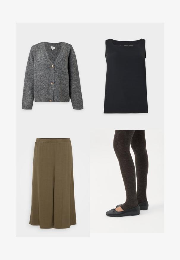 Mørkegrå strikket V-hals cardigan med lange ærmer og tre store brune knapper foran på en ensfarvet lys baggrund.; Sort ærmeløs tanktop med firkantet halsudskæring, vist på en enkel lys baggrund.; Olivenfarvede bukser med bred ben, lavet af letvægtsmateriale. Har en elastisk talje og en afslappet pasform, med en glat, flydende tekstur.; Ben iført mørke ribbede leggings kombineret med sorte balletsko med små sløjfedetaljer på hvid baggrund.