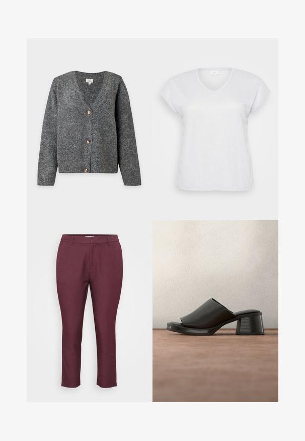 Mørkegrå strikket V-hals cardigan med lange ærmer og tre store brune knapper foran på en ensfarvet lys baggrund.; Hvid kortærmet V-hals t-shirt med en subtil skimmereffekt, der har en afslappet pasform og ingen synlige mønstre eller accenter.; Marron skræddersyede bukser lavet af tekstureret stof, der har flad front, bæltestropper og tætsiddende ben med en cropped længde.; Sort mule-sandal med åben tå, blokhæl og tekstureret læderoverdel, svævende over en grå overflade med en sløret mørk baggrund.