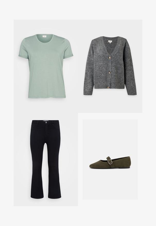 Mørkegrå strikket V-hals cardigan med lange ærmer og tre store brune knapper foran på en ensfarvet lys baggrund.; Lys grøn kortærmet T-shirt lavet af blødt stof med rund halsudskæring og op-rullede ærmer. Glat tekstur, let afslappet pasform.; ONLY Carmakoma Flared fit CARTHUNDER Mid waist - Flared jeans - black denim; Æblegrøn ruskind Mary Jane flad sko med sølvspænde og rundet tå, vist på en hvid baggrund.
