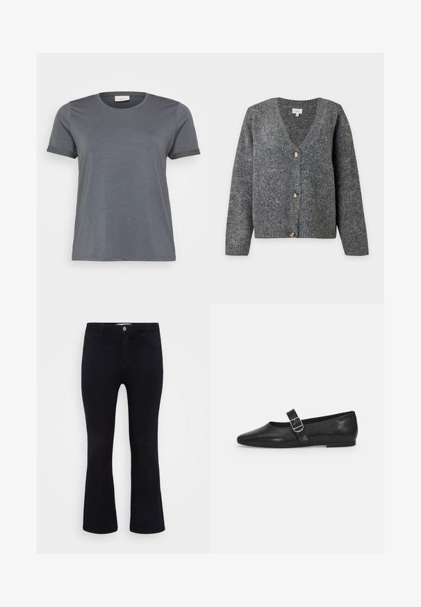 Dunkelgrauer gestrickter V-Ausschnitt-Cardigan mit langen Ärmeln und drei großen braunen Knöpfen vorne auf hellem, einfarbigem Hintergrund.; Graues kurzärmliges T-Shirt aus weichem Material mit klassischem Rundhalsausschnitt und aufgerollten Ärmeln. Glatte Textur ohne sichtbare Muster.; ONLY Carmakoma Flared fit CARTHUNDER Mid waist - Flared Jeans - black denim; Schwarzer Lederflatschuh mit runder Zehenform, einem verstellbaren Schnallenriemen und einer glatten, glänzenden Oberfläche. Minimalistisches Design mit einem niedrigen Absatz.