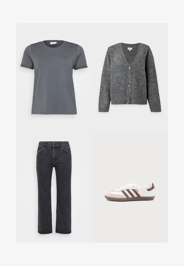 Donkergrijze gebreide V-hals cardigan met lange mouwen en drie grote bruine knopen aan de voorkant op een effen lichte achtergrond.; Grijze t-shirt met korte mouwen, gemaakt van zachte stof, met een klassieke ronde halslijn en omgeslagen mouwen. Een gladde textuur zonder zichtbare patronen.; Zwarte denim jeans met een rechte pijpdesign, vijf zakken en een knoopsluiting. De stof heeft een licht vervaagde textuur en stevige stiksels.; Witte Adidas Samba sneaker met bruine suède strepen, bruine rubberen zool en beige suède neuskap, getoond vanaf de buitenkant op een effen achtergrond.