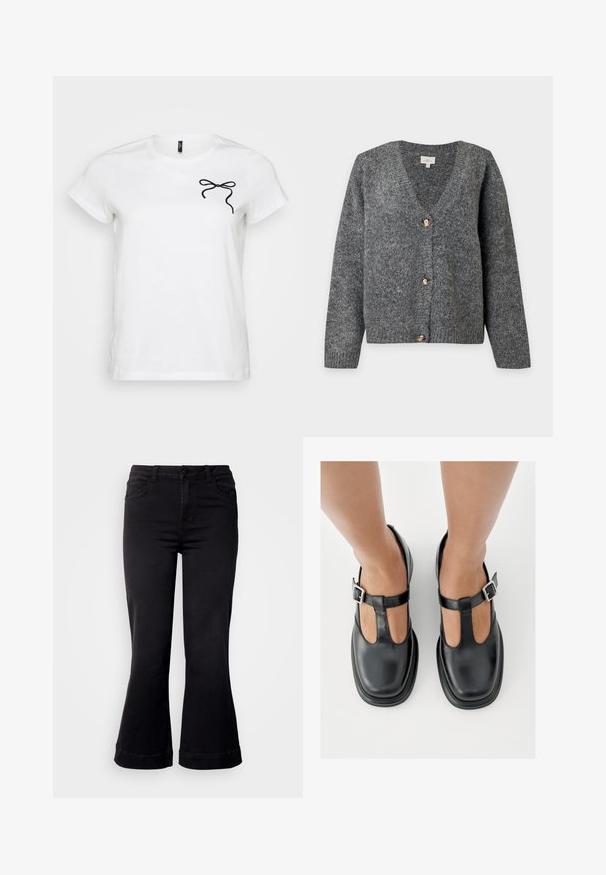 Cardigan gris foncé en maille avec col en V, manches longues et trois gros boutons marron sur le devant, sur un fond clair uni.; T-shirt blanc à manches courtes avec un design de nœud noir sur la partie gauche de la poitrine, sur fond uni.; Jean noir évasé avec une taille ajustée, doté de poches avant, d'une fermeture par boutons et d'un tissu texturé. L'ourlet inférieur est retroussé.; Chaussures en cuir noir avec un design à bride en T, bout fermé et accents de boucles argentées. Texture lisse avec un bout arrondi et une semelle plate.